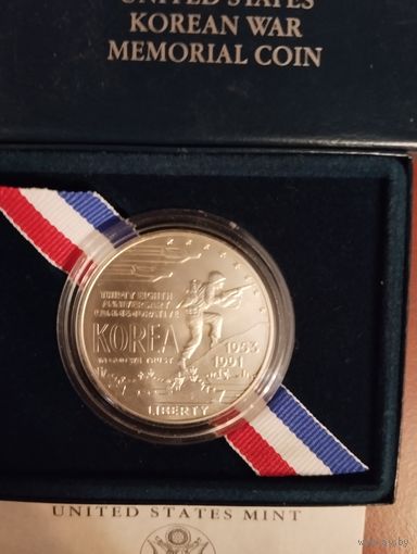 США 1 доллар 1991 года, 38 годовщина войны в Корее (в коробке с сертификатом). Серебро, "анциркулейтед"