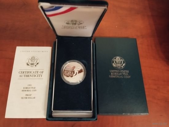 США 1 доллар 1991 года, 38 годовщина войны в Корее (в коробке с сертификатом). Серебро, "пруф"