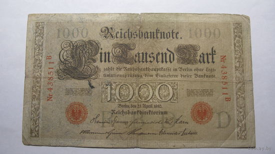Германия Ro45a. 1000 марок 1910 г. (Печать красная. 6 цифр в номере. ) РЕДКОСТЬ