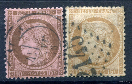 Франция - 1872/75г. - Церера - 2 марки - гашёные, у каждой марки есть по небольшому разрыву сверху справа. #2-Fr-51-A-2