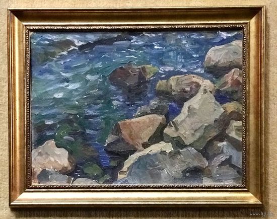 Крохалев П.С (Крохолев) "Море и камни",1964 г. К/М р.49,7х36,5 см.