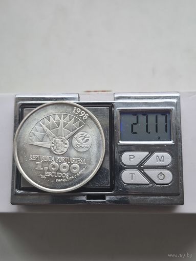 1000 эскудо 1998 года. Португалия, Португальская Республика (1986 - 2001). Международный год океанов на Экспо'98. Серебро 500. Монета не чищена. П45693.