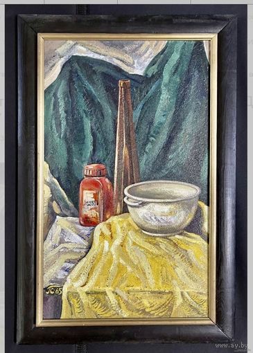 Скрипниченко Г.С. "Натюрморт" (с красной бутылкой) 1966г. ДВП, масло. Размер 61,5х37 см.