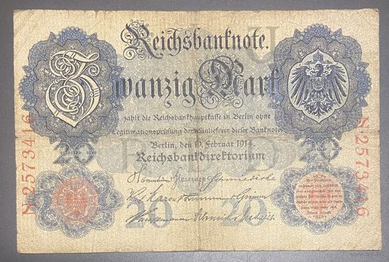 Банкнота 20 марок 1914 год. Германская империя.