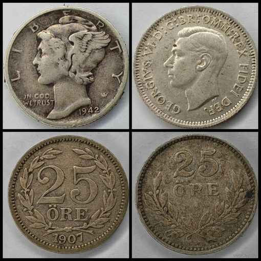 Монета 1 дайм 1942 (10 центов). 6 пенсов 1951. 25 эре 1907. 25 эре 1918. Одним лотом 4 монеты. С рубля
