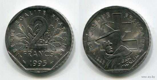 Франция. 2 франка (1993, UNC) [Jean Moulin]