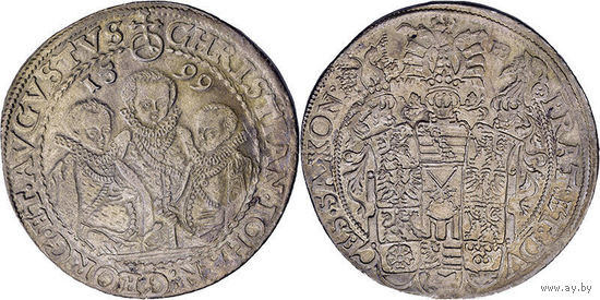 Саксония Дрезден 1599 год великолепный по состоянию рейхсталер " 3 брата " Кристиан 2 Иоханн -Георг и Август мельчайшие детали патина