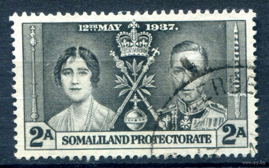 Британские колонии - Сомалиленд - 1937г. - коронация короля Георга VI и королевы Елизаветы, 2 A - 1 марка - гашёная [Mi 75]. #2-Bc-58-A-1