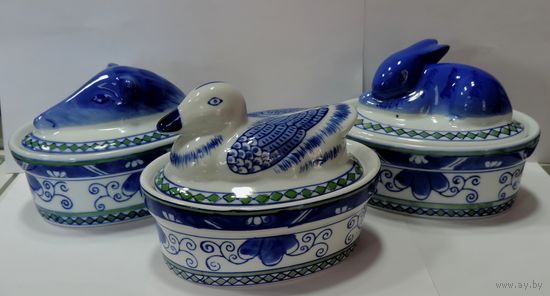 Паштетницы (маслёнки) фарфоровые (Утка, заяц, кабан) 60-70-е годы Германия. Высота 11 см. Размер 11-15 см.