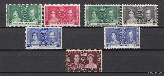 24.BrKS. Великобритания. Колонии. Коронация Георга VI и Елизаветы. Великобритания,  Мальта,  Гибралтар.  Сборный лот. 1937 г. 3 полных серий. MNH.