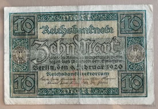 Германия, 10 марок 1920 год, Ro.63a, DEU-72a,	Х Х.#7 (# черный) не частая серия "М".
