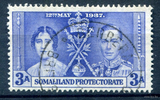 Британские колонии - Сомалиленд - 1937г. - коронация короля Георга VI и королевы Елизаветы, 3 A - 1 марка - гашёная [Mi 76]. #2-Bc-58-A-1