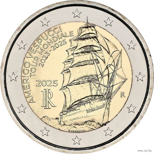 2 евро 2025 Италия Америго Веспуччи UNC из ролла