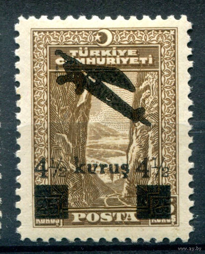 Турция - 1937г. - авиация, открытие авиалинии Анкара-Стамбул, надпечатка 4 1/2 на 25 K - 1 марка - MH [Mi 1110]. #4-W2-106-A-1