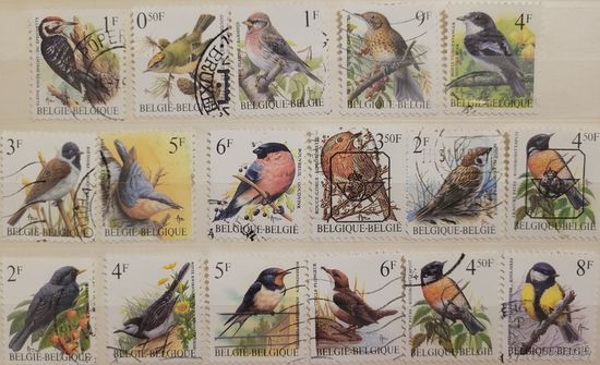 С 1 руб. Птицы. 17 шт разных марок Бельгии стандарты 1990-2000-х