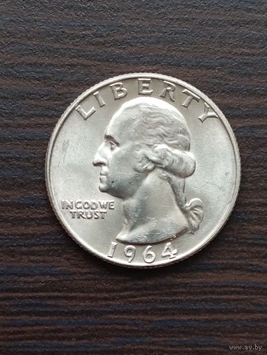 США, 1/4 доллара = 25 центов ( Washington квотер) 1964D  AU/UNC , серебро