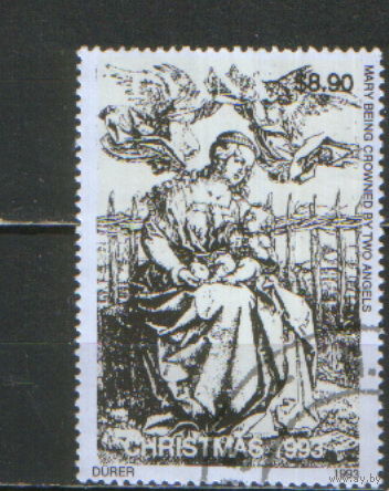 Марка из серии 1993г. Гайана "Рождество.Альбрехт Дюрер "Мадонна, коронуемая двумя ангелами"
