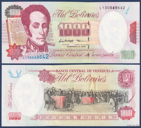 Венесуэла, 1000 боливаров 1998 г., Р-76c (L, генерал Симон Боливар, подписание декларации независимости), UNC