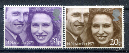 Великобритания - 1973г. - свадьба прицессы Анны и Марка Филипса - 2 марки - полная серия, MNH [Mi 637-638]. #3-GB-Z-1-22