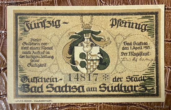 Нотгельд 50 пфеннигов 1921 год. Бад-Закса. Веймарская республика