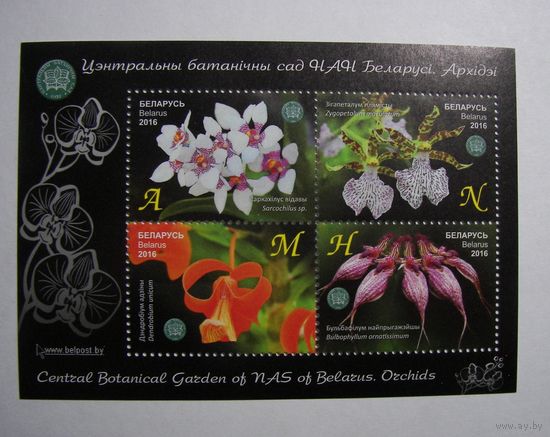 Марки РБ. Центральный ботанический сад. Орхидеи. Блок. 2016