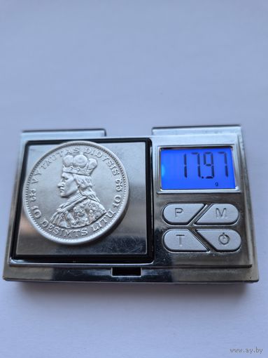 10 лит 1936 года. Литва. Серебро 750. Монета не чищена. R45498.