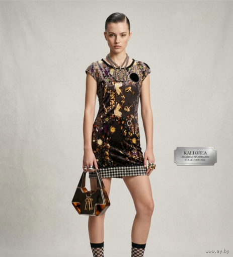 Винтажное мини платье от Kali Orea, максимализм, бархат, размер М