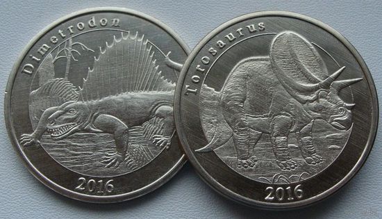 Майотта. набор из 2 монет = 1 франк 2016 год "Динозавры: "Торозавр" "Torosaurus" и "Диметродон" "Dimetrodon"