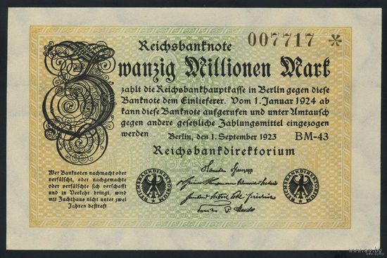 Германия. 20 Миллионов Марок 1923 P108с UNC