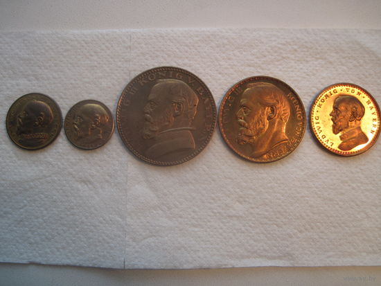 Германия уникальный proof сет полная серия пробных монет 1913 года Людвига III Баварского 20 , 10,5, 3 и 2 марки в меди, отчеканенные штемпелями Карла Гетца ( Karl Goetz)