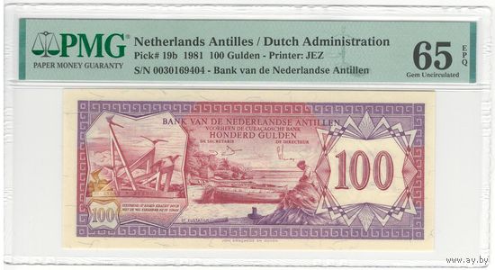 Нидерландские Антильские острова 100 гульденов 1981 года. Тип P-19b. Состояние UNC. В слабе PMG 65