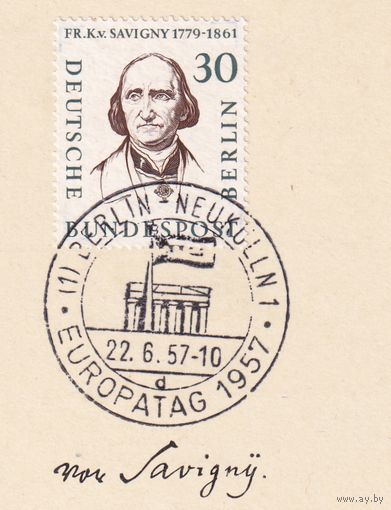 20.ETB. Германия. Западный Берлин. 1957 г. Люди из истории Берлина. Лист первого дня гашения. Mi.#170/ETB#22.