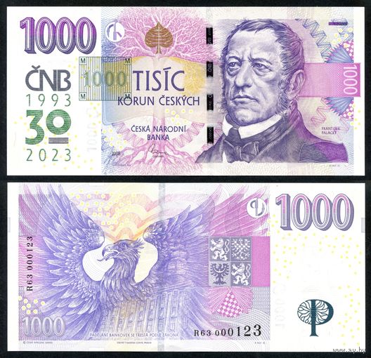Чехия 1000 крон 2023 г. (P-W31, UNC) [Юбилейная. 30 лет Банку. Красивый номер] Чешская Республика 1 000 крон 23 г.