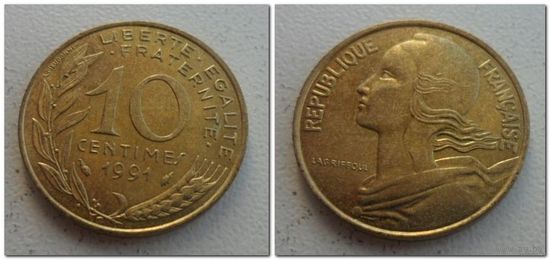 10 сантим Франция 1991 год, KM# 929, 10 CENTIMES, из мешка