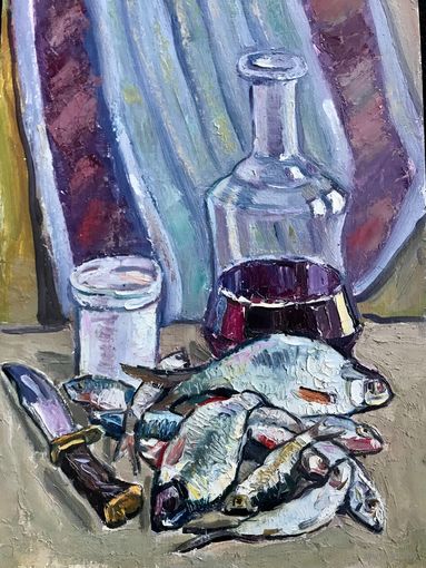 Звонков И.Г"Натюрморт с рыбками". Картон, масло. Размер 35/50 см