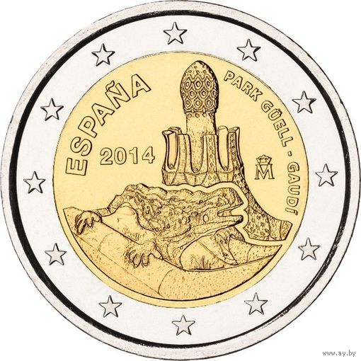 2 евро Испания 2014 Работы Антони Гауди в Барселоне парк Гуэля UNC из ролла