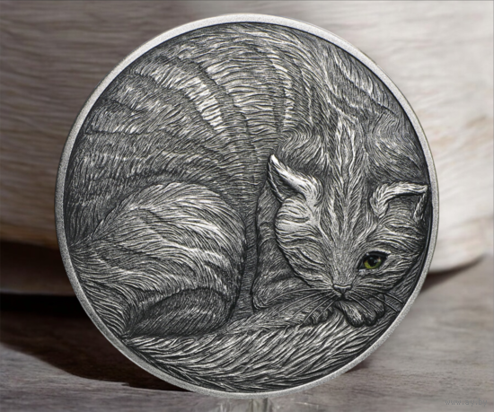 RARE Ниуэ 5 доллара 2016г. "Кот клубок". Эффект "КОШАЧЬЕГО ГЛАЗА". Монета в капсуле; деревянном подарочном футляре; сертификат; номер монеты на гурте; коробка. СЕРЕБРО 62,20гр.(2 oz).