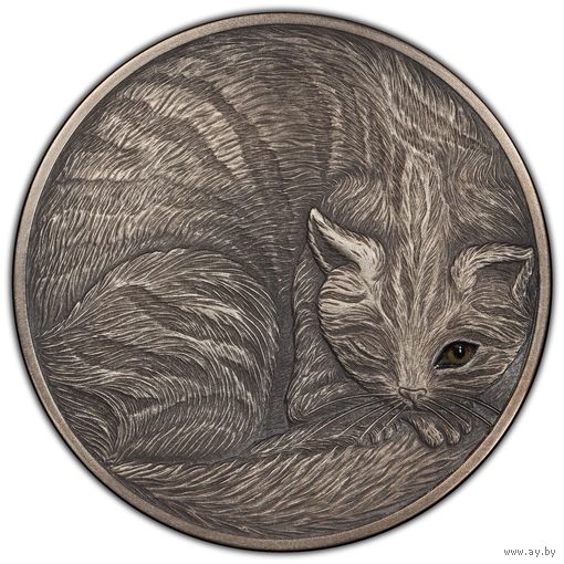 RARE Ниуэ 5 доллара 2016г. "Кот. Клубок". Монета в капсуле; деревянном подарочном футляре; сертификат; номер монеты на гурте; коробка. СЕРЕБРО 62,20гр.(2 oz).