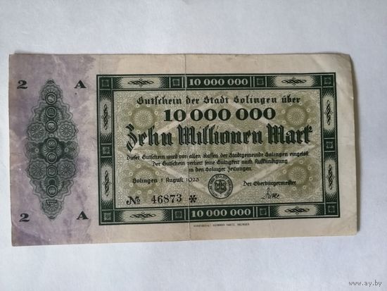 Германия, нотгельды, 10000000 марок 1923 год, город Золинген, временный вексель
