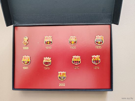 Коллекционный набор значков-эмблем FC Barcelona. 9 эмблем (1899–2002г.), Состояние новое.