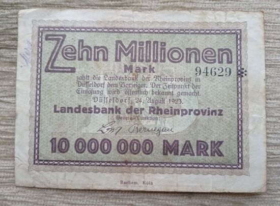 Werty71 Германия 10 миллионов 10000000 марок 1923 рейнский банк в Дюссельдорфе банкнота гроссгельд