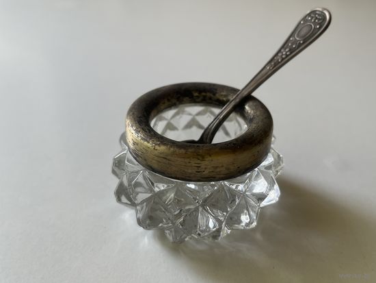 Солонка с ложечкой хрусталь серебро