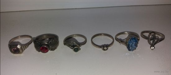6 серебрянных колец 875 пробы