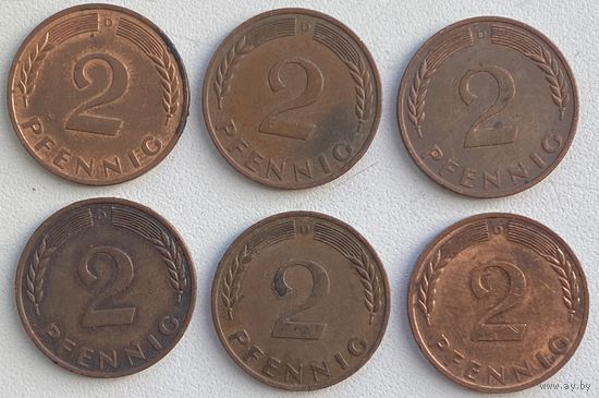 Германия 2 пфеннига 1968 г. D. Цена за 1 шт.