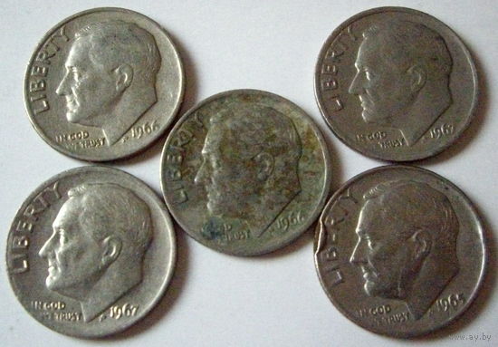 10 центов США дайм, 1965,1966,1967, 5 монет одним лотом