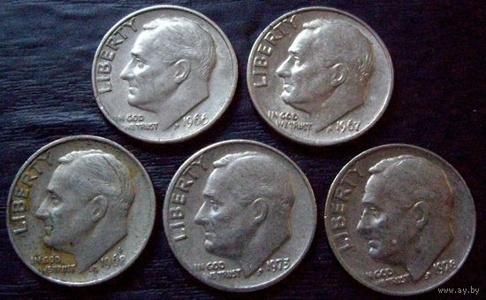 10 центов США дайм, 1966,1967,1968,1973,1978, 5 монет одним лотом