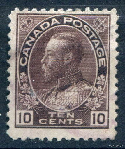 Британские колонии - Канада - 1911/18г. - король Георг V, 10 с - 1 марка - гашёная, есть небольшое утончение в правом верхнем уголке [Mi 97]. #3-WB-82-A-1