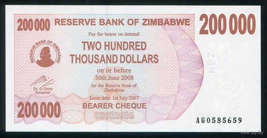 Зимбабве 200000 долларов 2007 г. P49. Серия AG. UNC