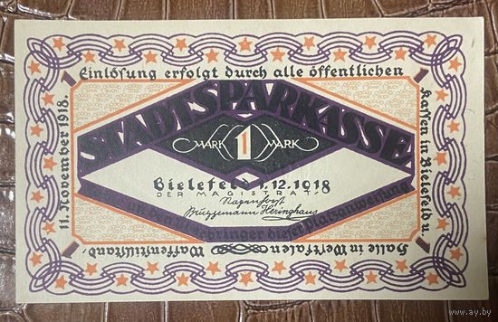 Нодгельд 1 марка 1918 год. Билефельд. Веймарская республика
