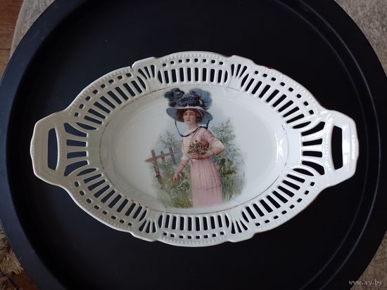 Конфетница фруктовница тарелка 19 или нач. 20 в. плетёнка фарфор